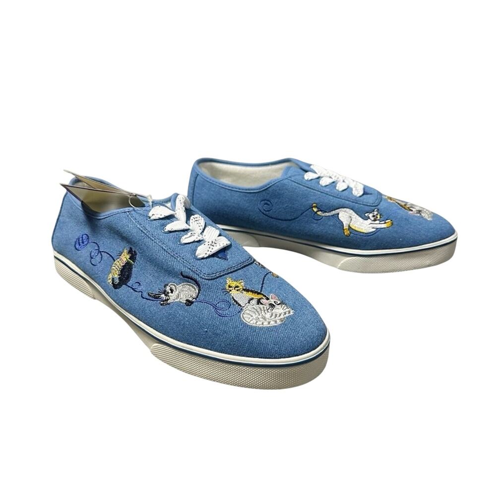 Vintage Sebastino Denim Cat Embroidered Sneakers NEW